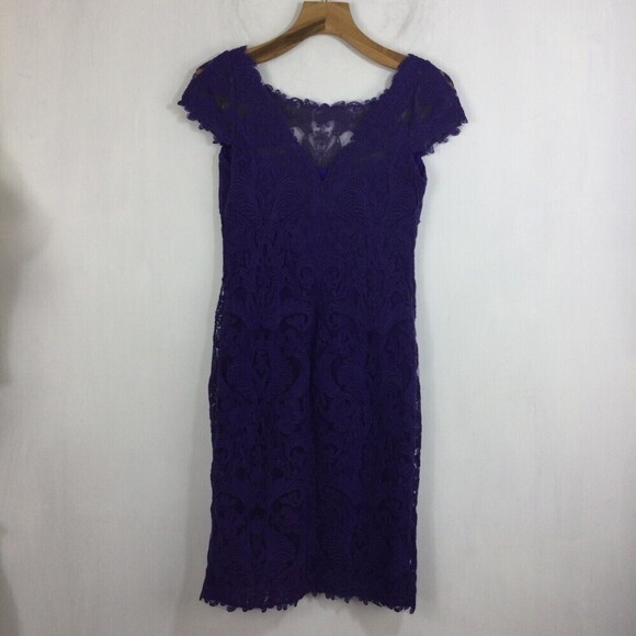 Tadashi Shoji Corded Lace Embroidery Tulle Cap Sleeve V-Back Dress Purple 6 - Picture 4 of 10